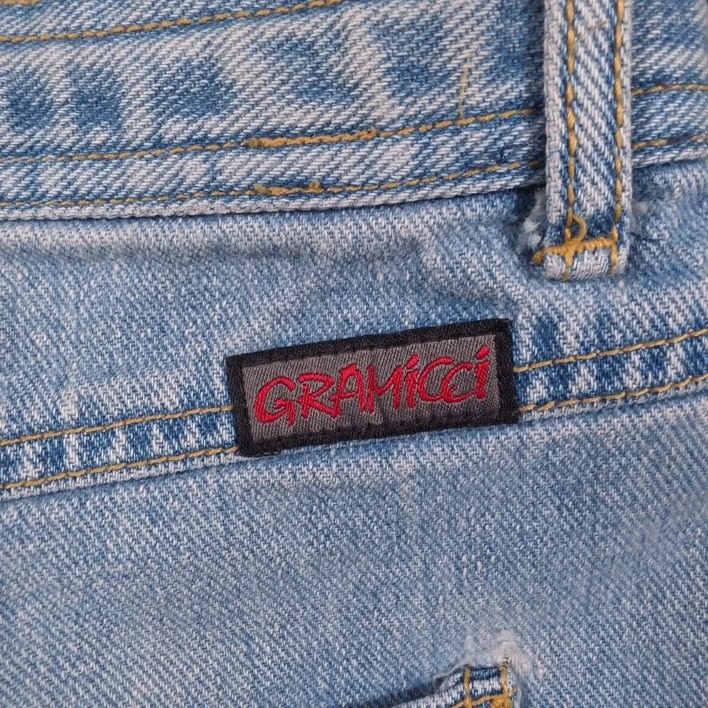 VTG Gramicci Jeans Mens XL 36x28 Blue Light Wash Denim Embroidered Made USA Belt